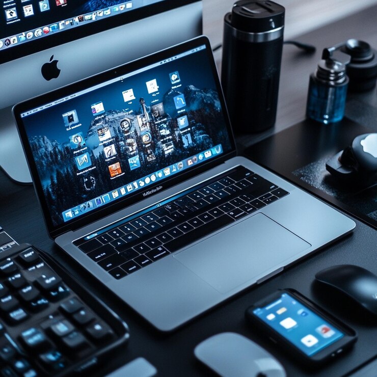 Foto un macbook pro está abierto a una pantalla con la palabra mac en él