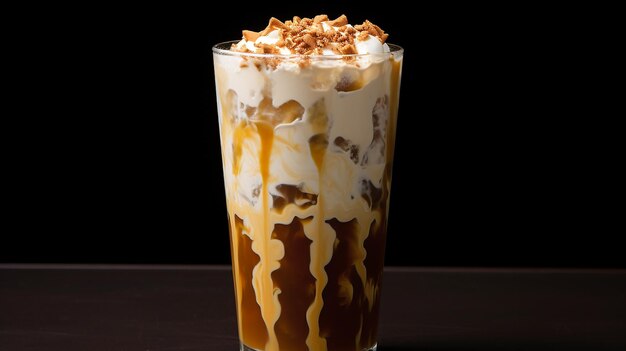 Foto macchiato de caramelo helado en un café de una galería de arte moderna con fondo oscuro