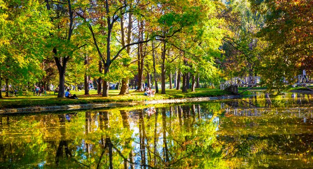 Foto macedonia skopje 29 de octubre de 2023 el parque de la ciudad de skopje con hojas amarillentas en los árboles en otoño