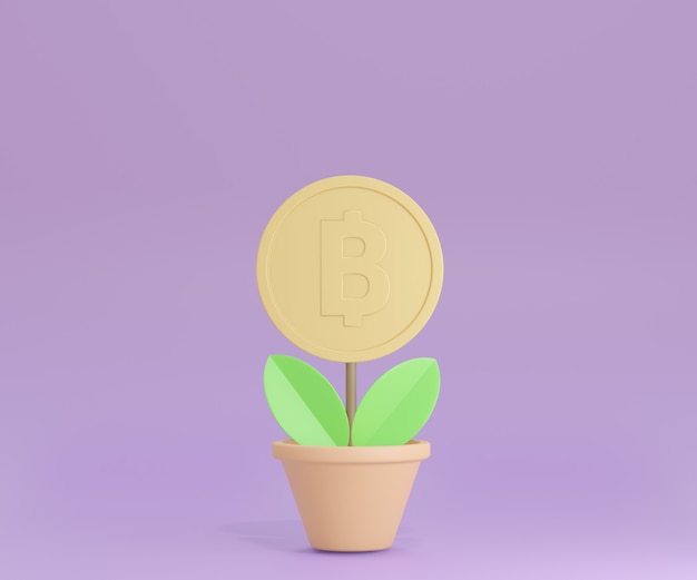 Maceta 3D con moneda de oro sobre fondo morado. Representación 3d de la ilustración.