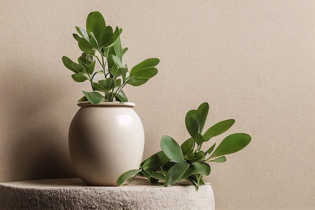 Maceta de cerámica beige con lavanda sobre podio de piedra natural con rama de planta seca sobre fondo beige