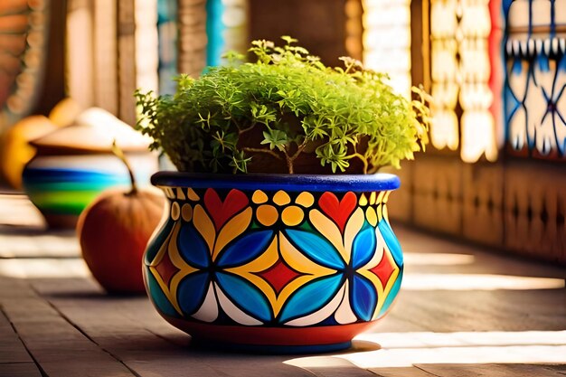 Una maceta colorida con una planta dentro.