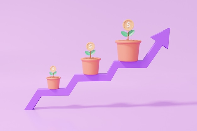 Maceta de flecha con árbol de dinero moneda dólar concepto de crecimiento Inversión de ganancias comerciales Finanzas crecer dibujos animados mínimo sobre fondo púrpura Ilustración de procesamiento 3d