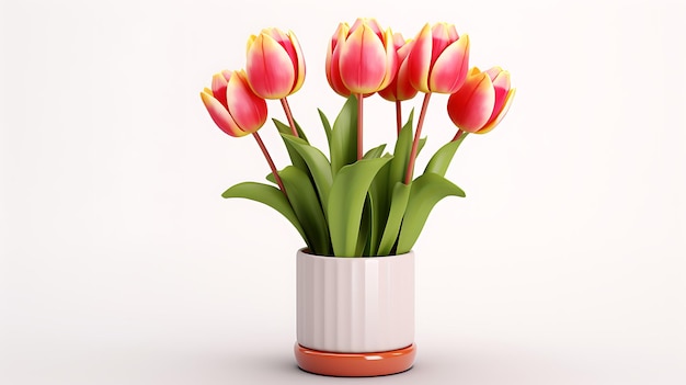 Maceta de flores de tulipán sobre fondo blanco.