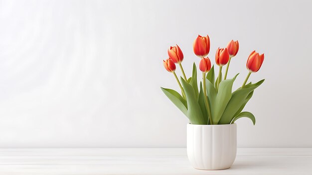 Maceta de flores de tulipán sobre fondo blanco.