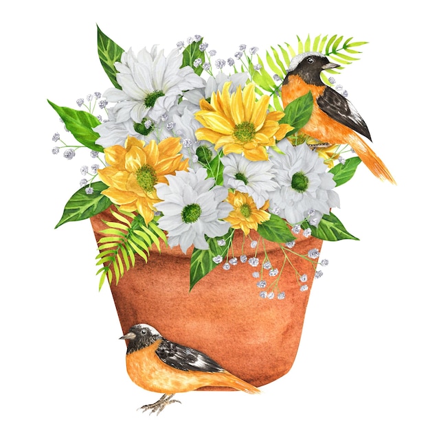 Maceta de jardín de acuarela dibujada a mano con flores con pájaros redtart