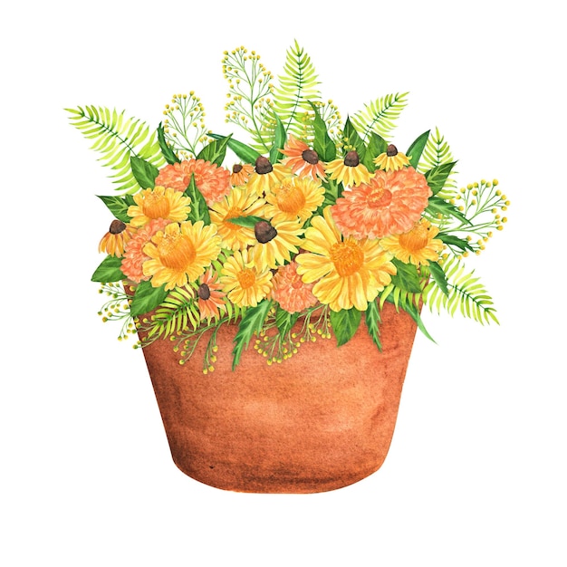 Maceta de jardín de acuarela dibujada a mano con flores zinnia coneflowers goldenrot