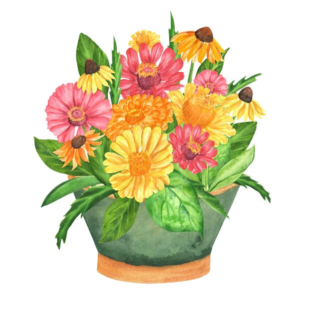 Maceta de jardín de acuarela dibujada a mano con flores