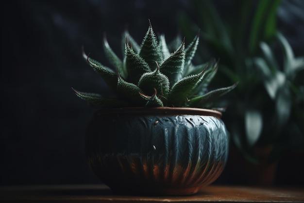 Una maceta con una planta verde en el medio.