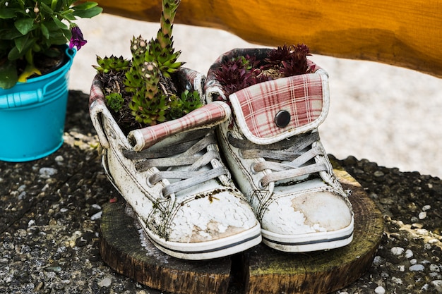 Una maceta de zapatillas viejas y usadas con flores.