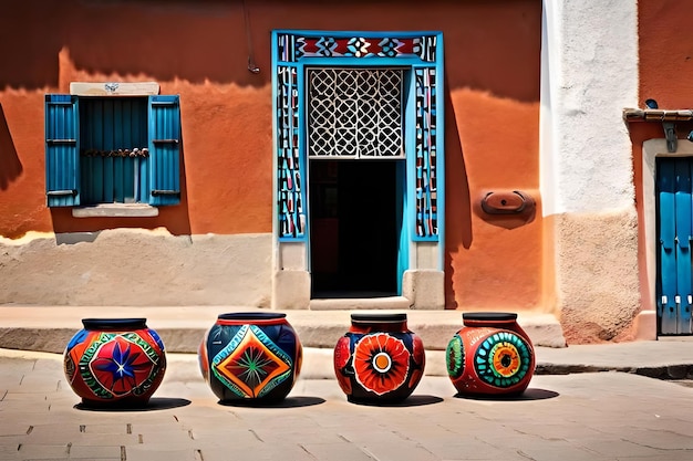 Macetas coloridas en una calle frente a una puerta.