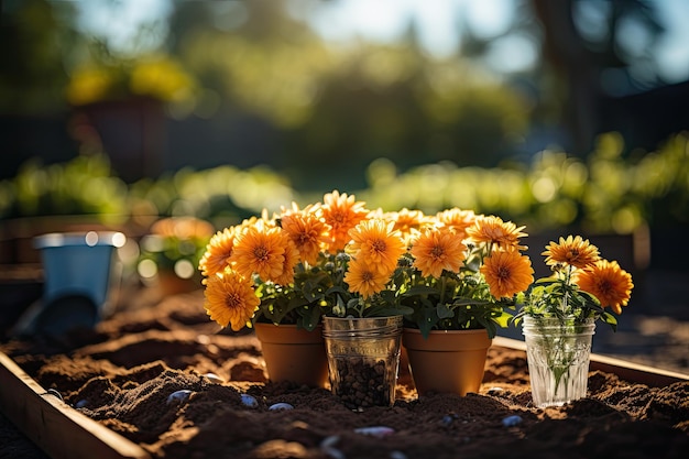 con macetas de flores en el jardín al aire libre