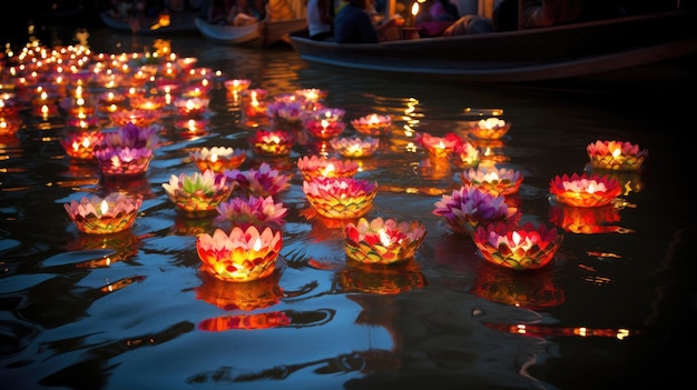 Foto macetas flotantes flotan en el agua con pétalos de flores flotantes.
