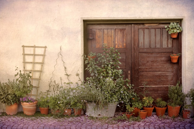 Macetas y puerta vieja en Provenza