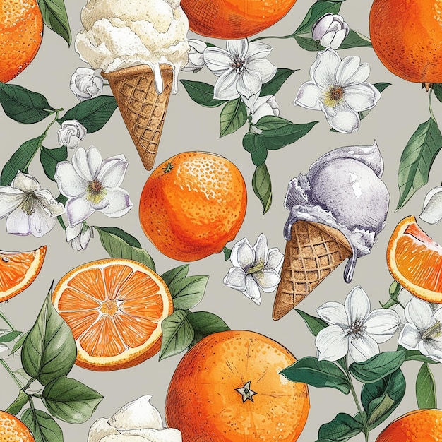 Machen Sie ein nahtloses Muster mit Mandarine und Eis und Vanilleblumen orangefarbener Zeichnung im modernen Aquarell-Hintergrund