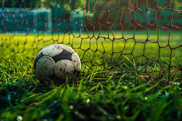 Machen Sie ein Tor mit dem Fußball im Netz auf dem lebendigen grünen Gras
