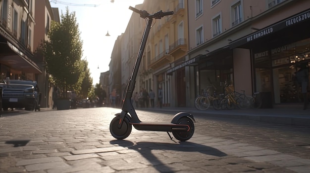 Machen Sie eine aufregende urbane Rollerfahrt durch die belebten Straßen der Stadt, vorbei an berühmten Sehenswürdigkeiten und lebhaften Vierteln. Generiert von KI