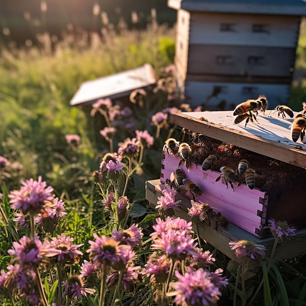 Machen Sie eine Nahaufnahme eines Bienenstocks, in dem Arbeitsbienen eifrig herumschwirren und Nektar sammeln