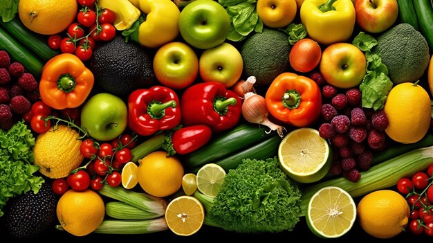 Machen Sie sich bereit für eine Geschmacksexplosion mit diesem lebendigen Bild aus farbenfrohen Früchten und Gemüse mit generativer KI