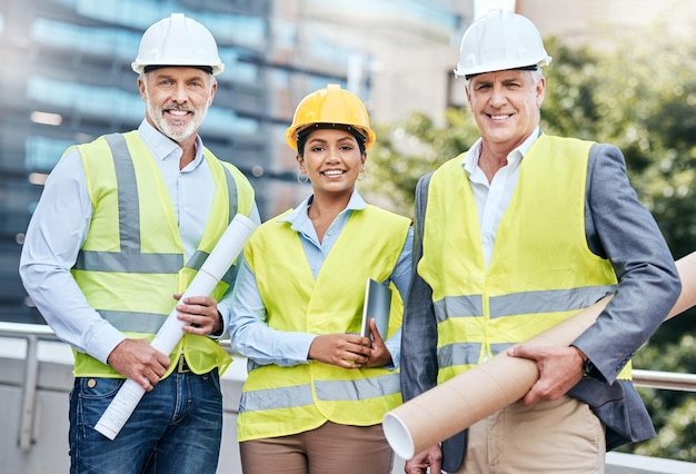 Machen wir uns an die Arbeit Porträt einer Gruppe von Geschäftsleuten, die auf einer Baustelle arbeiten