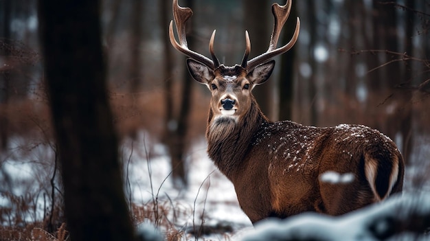 Macho de ciervo noble en el bosque nevado de invierno Ciervo rojo salvaje en la naturaleza al atardecer Paisaje de montaña vida silvestre