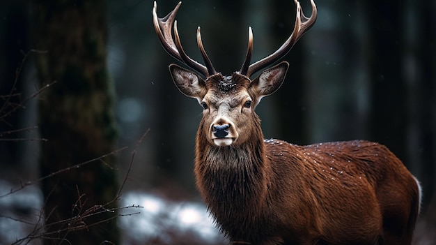 Macho de ciervo noble en el bosque nevado de invierno Ciervo rojo salvaje en la naturaleza al atardecer Paisaje de montaña vida silvestre