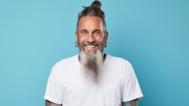 Macho com braços de barba em tatuagens dreadlocks usando maquete de camiseta branca em fundo azul Homens