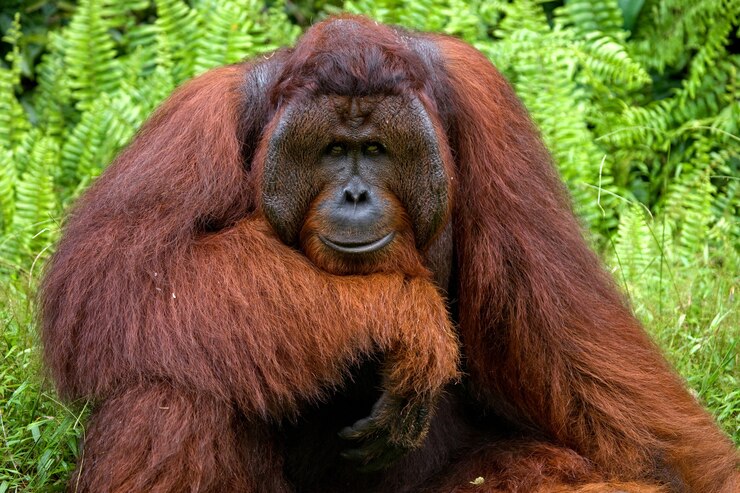 Foto el macho dominante grande está sentado en la hierba. indonesia. la isla de kalimantan (borneo).