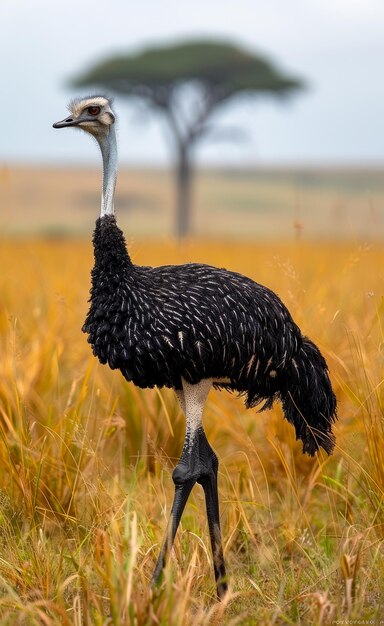 Foto el macho de la grulla coronada está de pie en la hierba con el árbol en el fondo