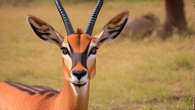 El macho Impala mira a la cámara y hace un ruido cara a cara.