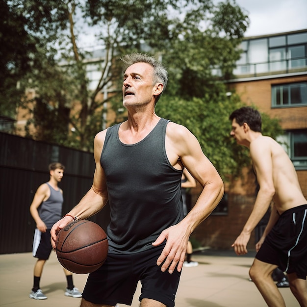 Macho maduro jogando basquete com amigos mais jovens