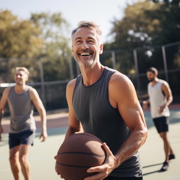 Macho maduro jogando basquete com amigos