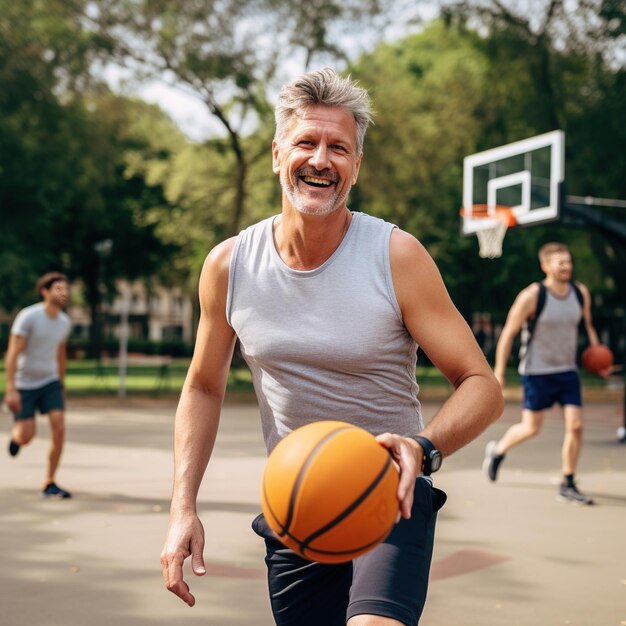 Macho maduro jugando baloncesto con amigos