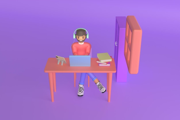 Macho moreno casual trabalhando em um laptop de renderização 3d em casa