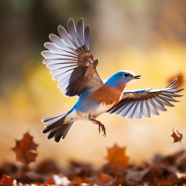 El macho del pájaro azul oriental volando en el bosque de otoño