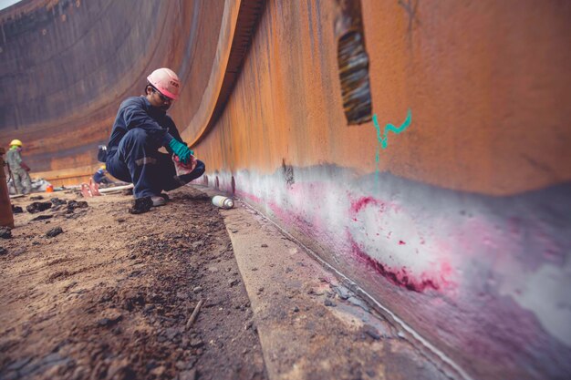 Macho en el proceso de inspección de trabajo pintura de color químico limpieza de soldadura revelador blanco en el espacio confinado con tanques de acero al carbono