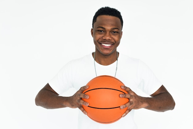 Macho, segurando, basquetebol, sorrindo, conceito