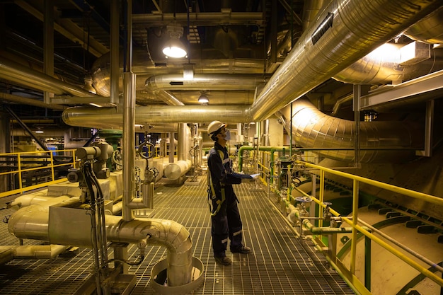 Foto macho para ser trabajador inspección visual dentro de la sala de control del tanque de la válvula de las centrales eléctricas