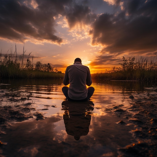 Menino triste sozinho no pôr do sol