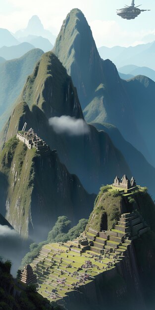 Foto machu picchu como uma metrópole futurista reimaginada em uma ilustração de ficção científica