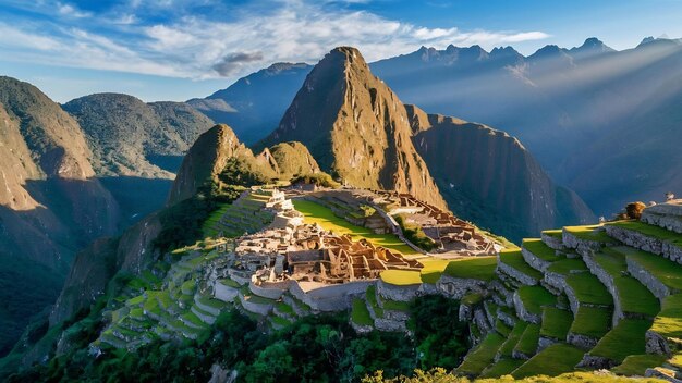 Machu picchu iluminado pela quente luz do pôr-do-sol