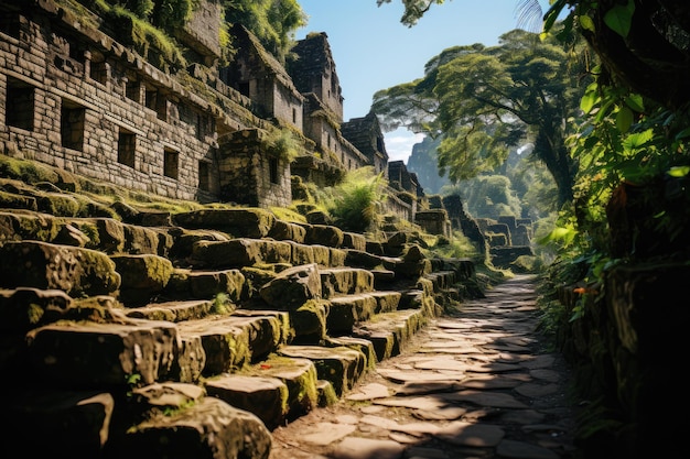 Foto machu picchu perú el camino inca un viejo sendero que conduce a machu picchu generativo ia