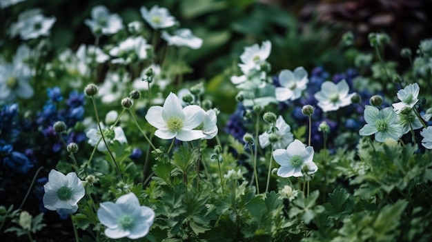 Un macizo de flores con flores azules y una flor blanca.