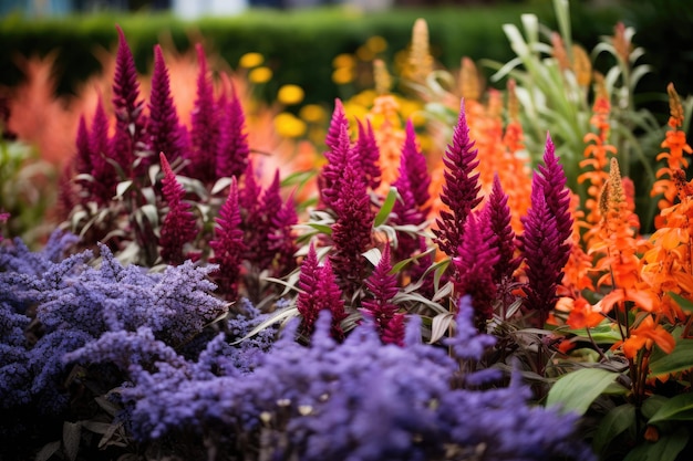 un macizo de flores con flores de color violeta y naranja.