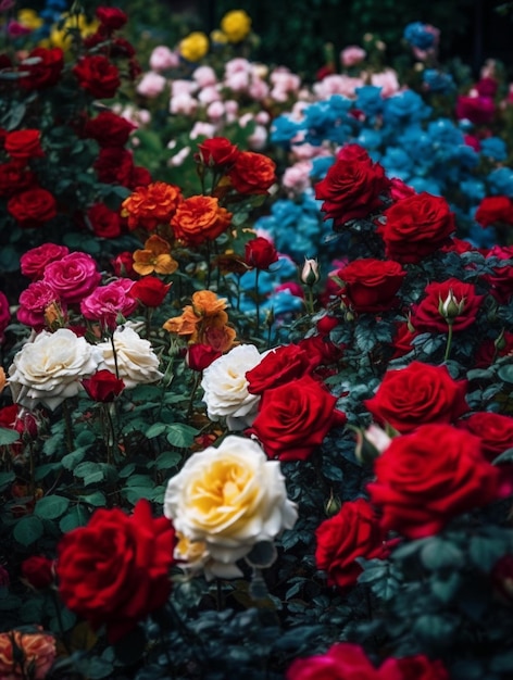 Un macizo de flores con una rosa roja y blanca en el centro.