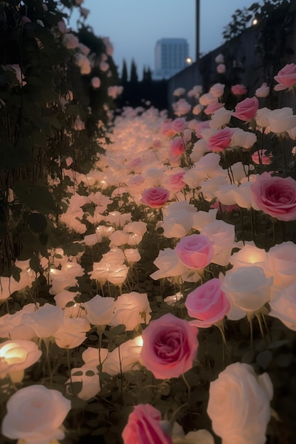 Un macizo de flores con una vela encendida en el centro