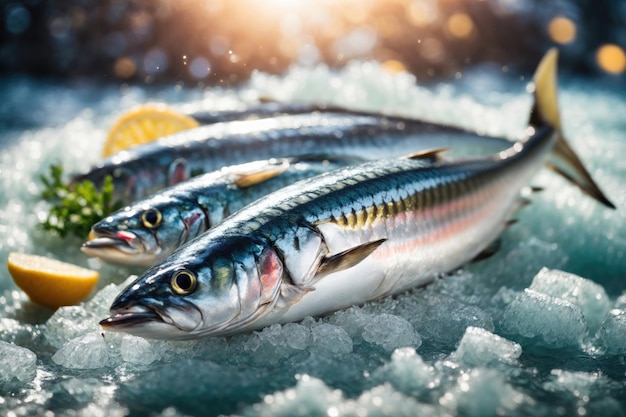 Mackerel fresco Scomber scrombrus en hielo Mariscos ai generativo