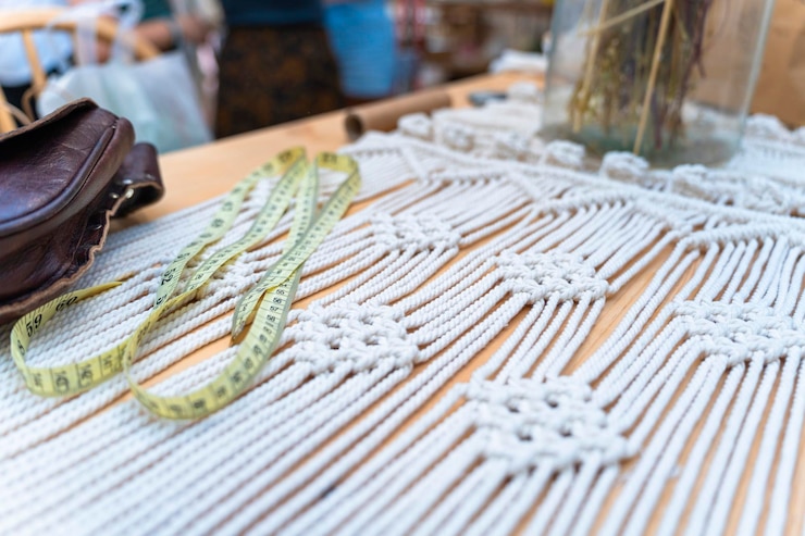 Foto macramé blanco con cinta métrica