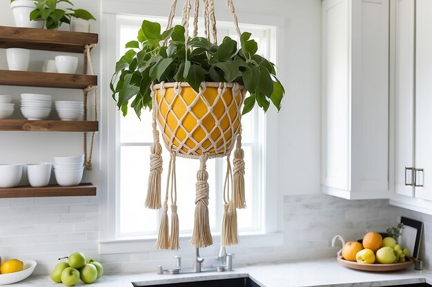 Foto macrame colgante de frutas diy en una cocina moderna