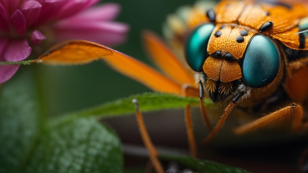 Foto macro de una abeja en una flor profundidad de campo poco profunda